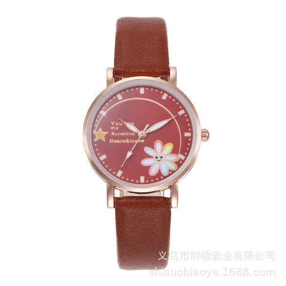 Women's Alloy Case Imitation Leather Strap Round Dial Daisy Pattern Leisure Watch