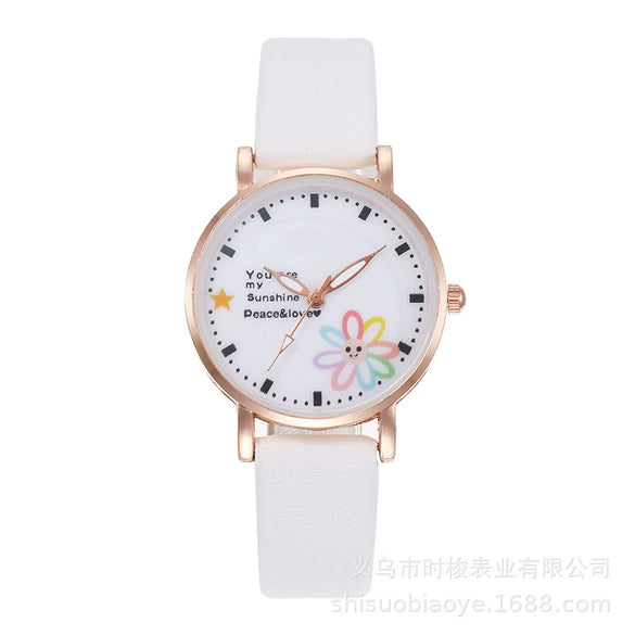 Women's Alloy Case Imitation Leather Strap Round Dial Daisy Pattern Leisure Watch