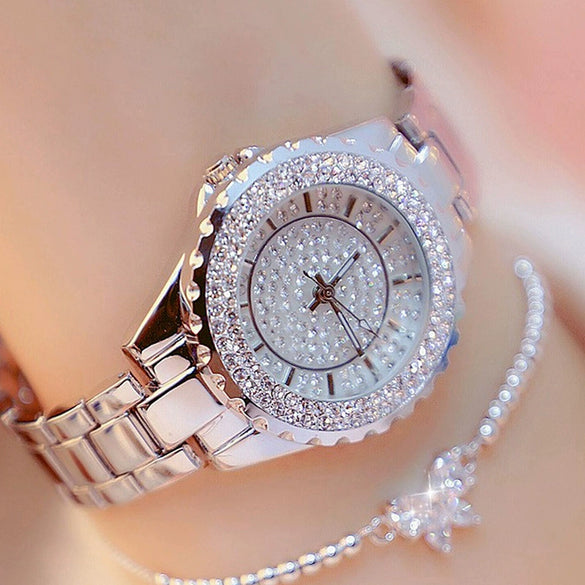 Women's Alloy Case Imitation Leather Strap Round Dial Quartz Watch With Diamond And Beaded Bracelet