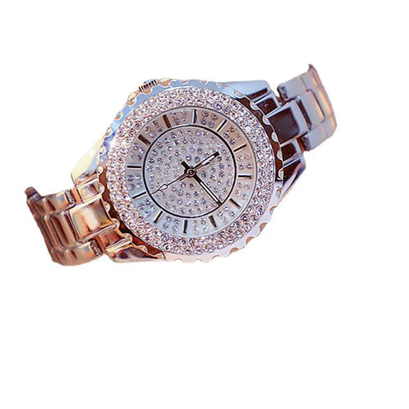 Women's Alloy Case Imitation Leather Strap Round Dial Quartz Watch With Diamond And Beaded Bracelet