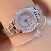 Women's Alloy Case Imitation Leather Strap Round Dial Quartz Watch With Diamond And Beaded Bracelet