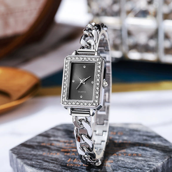 Women's Alloy Case Imitation Leather Strap Square And Round Dial Diamondencrusted Bracelet Watch Simple Retro And Leisure Style