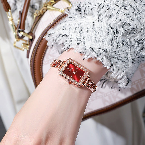 Women's Alloy Case Imitation Leather Strap Square And Round Dial Diamondencrusted Bracelet Watch Simple Retro And Leisure Style