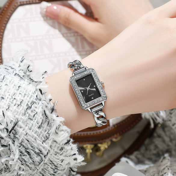 Women's Alloy Case Imitation Leather Strap Square And Round Dial Diamondencrusted Bracelet Watch Simple Retro And Leisure Style