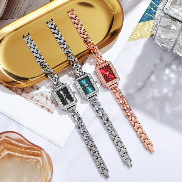 Women's Alloy Case Imitation Leather Strap Square And Round Dial Diamondencrusted Bracelet Watch Simple Retro And Leisure Style