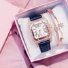 Women's Alloy Case Imitation Leather Strap Square Quartz Watch Set
