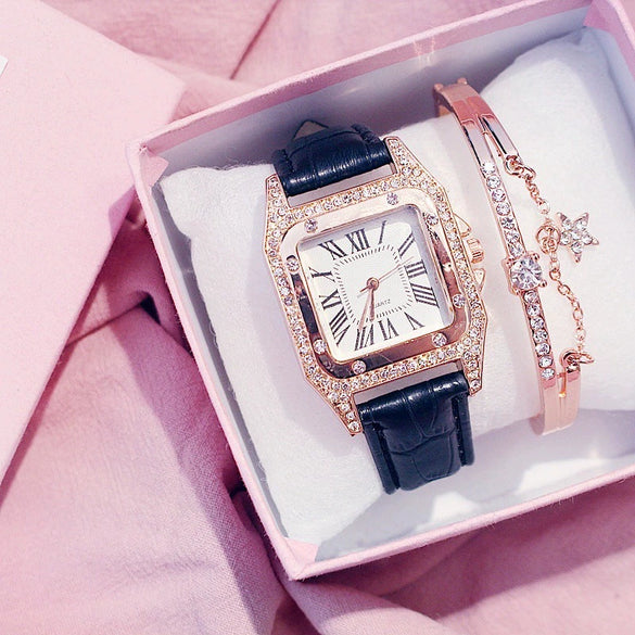 Women's Alloy Case Imitation Leather Strap Square Quartz Watch Set