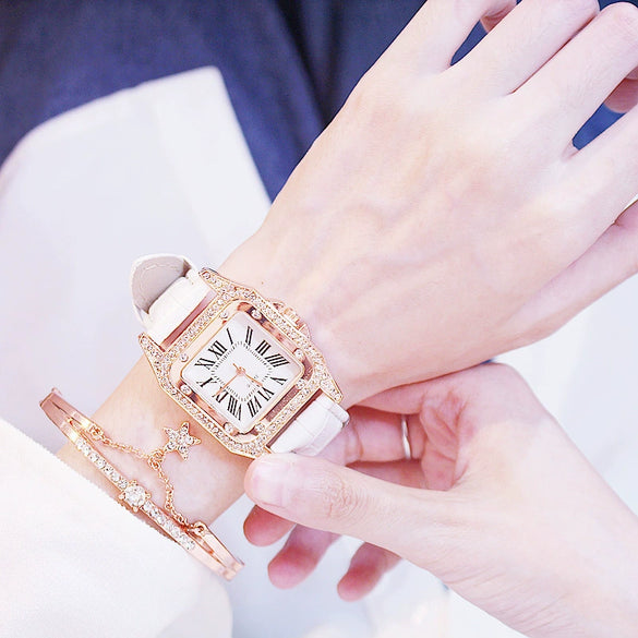 Women's Alloy Case Imitation Leather Strap Square Quartz Watch Set
