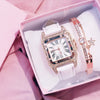 Women's Alloy Case Imitation Leather Strap Square Quartz Watch Set