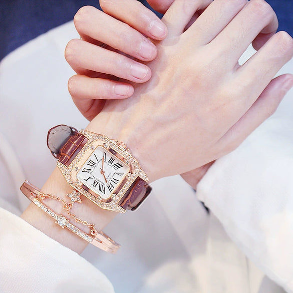 Women's Alloy Case Imitation Leather Strap Square Quartz Watch Set