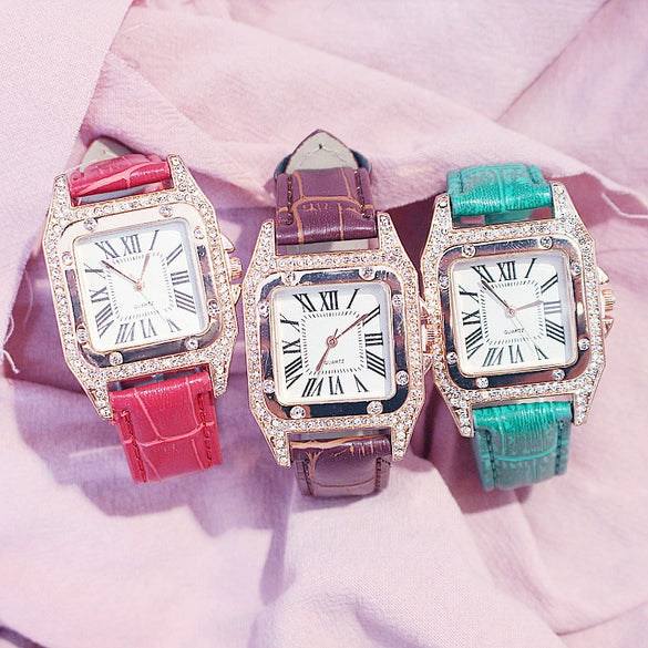 Women's Alloy Case Imitation Leather Strap Square Quartz Watch Set