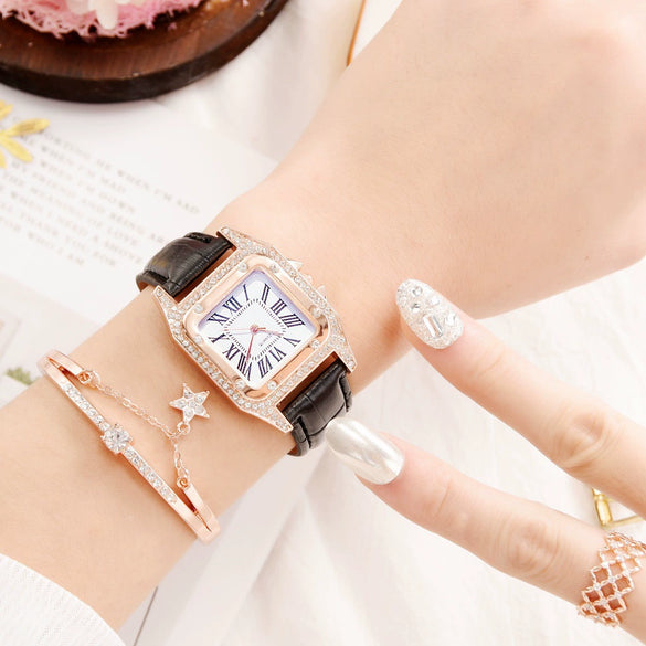 Women's Alloy Case Imitation Leather Strap Square Quartz Watch Set