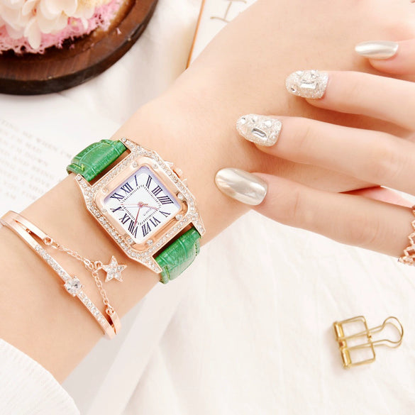 Women's Alloy Case Imitation Leather Strap Square Quartz Watch Set
