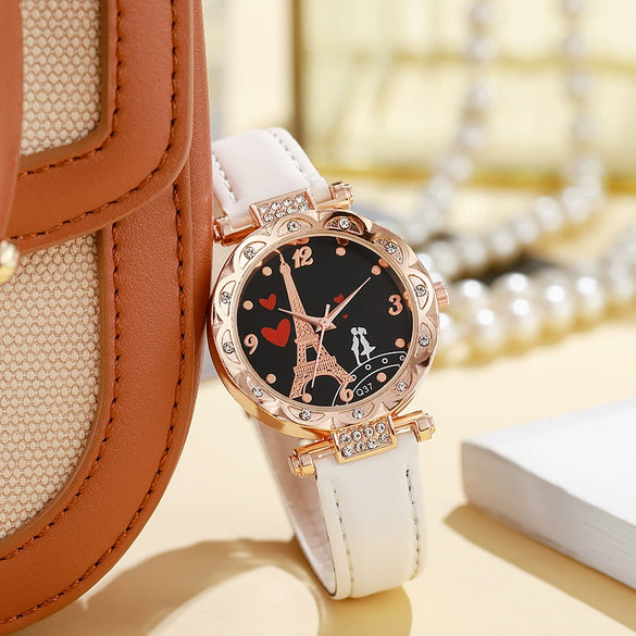 Women's Alloy Case Ordinary Glass Mirror Imitation Leather Strap Round Dial Business Style Belt Watch With Rhinestones