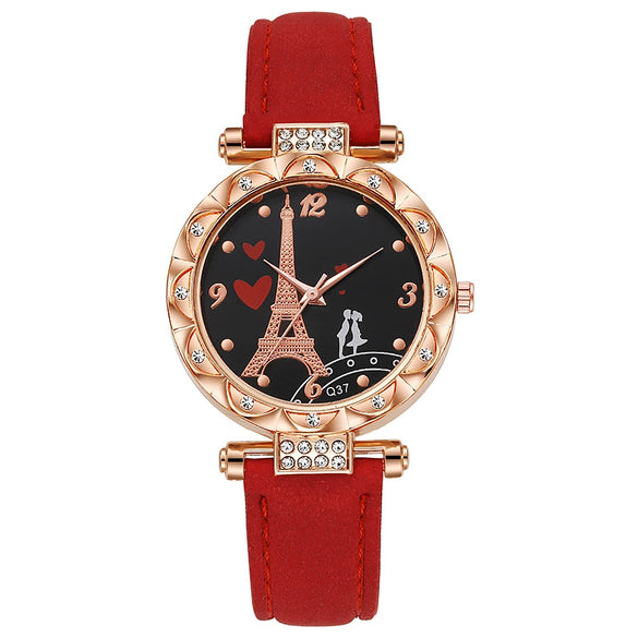 Women's Alloy Case Ordinary Glass Mirror Imitation Leather Strap Round Dial Business Style Belt Watch With Rhinestones