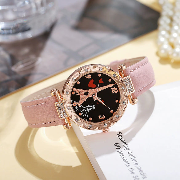 Women's Alloy Case Ordinary Glass Mirror Imitation Leather Strap Round Dial Business Style Belt Watch With Rhinestones
