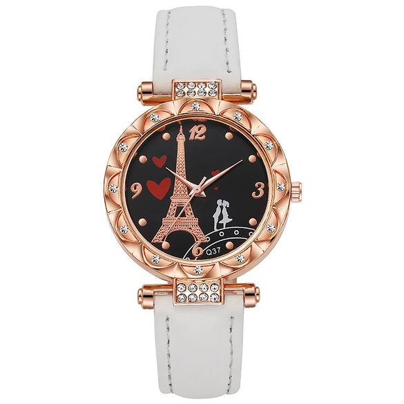 Women's Alloy Case Ordinary Glass Mirror Imitation Leather Strap Round Dial Business Style Belt Watch With Rhinestones