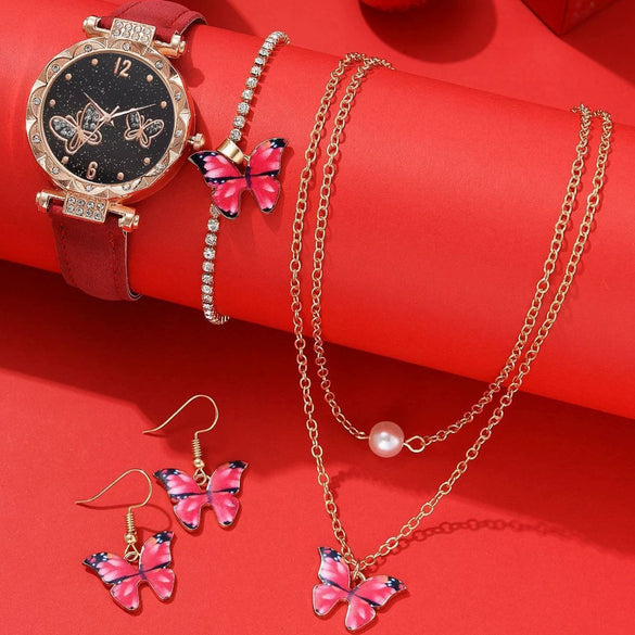 Women's Alloy Case Ordinary Glass Mirror Imitation Leather Strap Round Dial Leisure Style Watch And Bracelet Necklace Suit