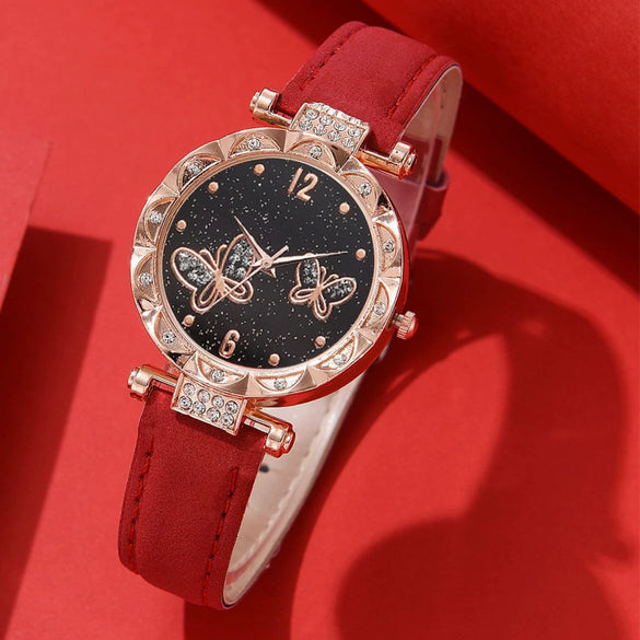 Women's Alloy Case Ordinary Glass Mirror Imitation Leather Strap Round Dial Leisure Style Watch And Bracelet Necklace Suit