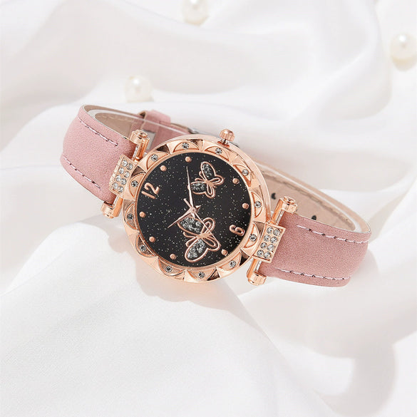 Women's Alloy Case Ordinary Glass Mirror Imitation Leather Strap Round Dial Leisure Style Watch And Bracelet Necklace Suit