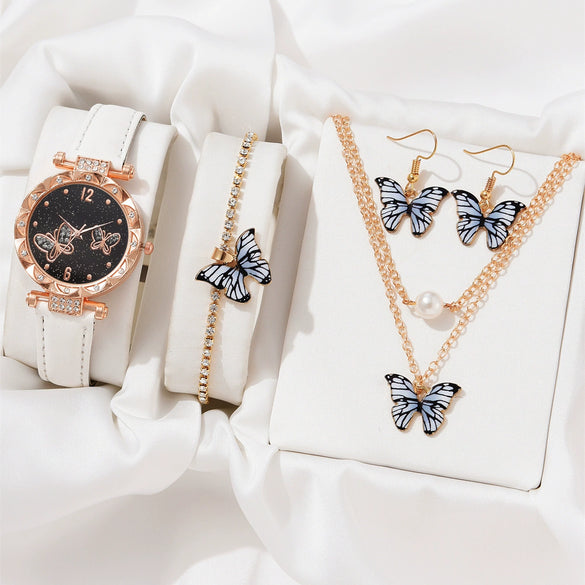 Women's Alloy Case Ordinary Glass Mirror Imitation Leather Strap Round Dial Leisure Style Watch And Bracelet Necklace Suit