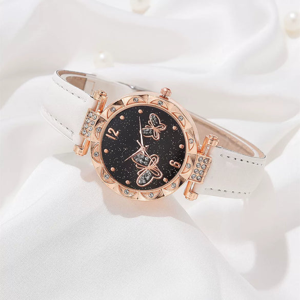 Women's Alloy Case Ordinary Glass Mirror Imitation Leather Strap Round Dial Leisure Style Watch And Bracelet Necklace Suit