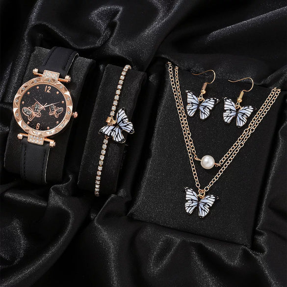 Women's Alloy Case Ordinary Glass Mirror Imitation Leather Strap Round Dial Leisure Style Watch And Bracelet Necklace Suit