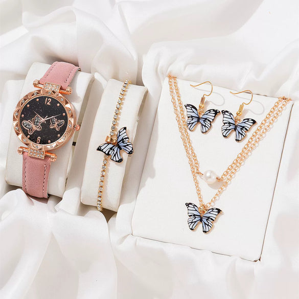 Women's Alloy Case Ordinary Glass Mirror Imitation Leather Strap Round Dial Leisure Style Watch And Bracelet Necklace Suit