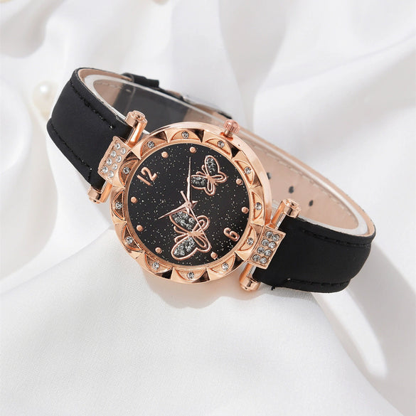 Women's Alloy Case Ordinary Glass Mirror Imitation Leather Strap Round Dial Leisure Style Watch And Bracelet Necklace Suit