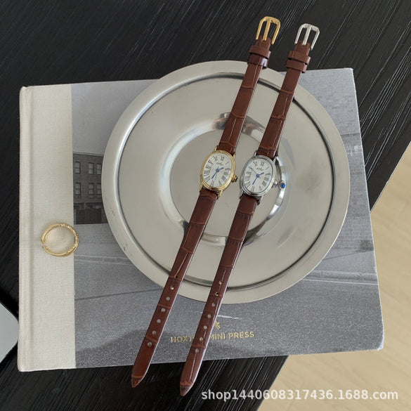 Women's Alloy Case Oval Small Dial Retro Quartz Belt Watch With Ordinary Glass Mirror