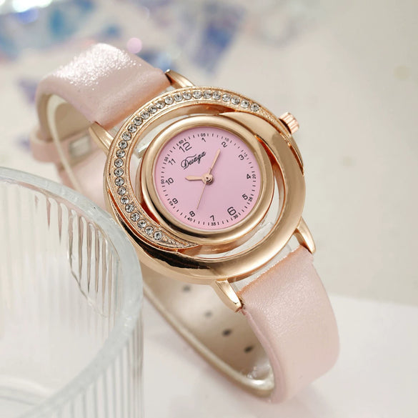 Women's Alloy Case Pu Strap Diamondencrusted Round Dial Quartz Watch