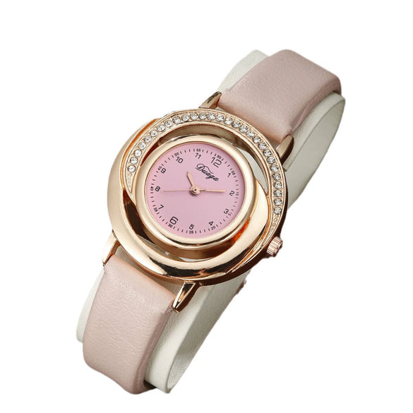 Women's Alloy Case Pu Strap Diamondencrusted Round Dial Quartz Watch