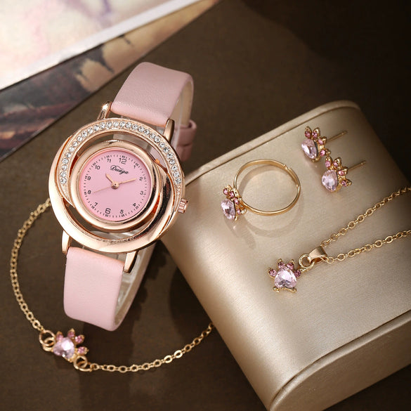 Women's Alloy Case Pu Strap Diamondencrusted Round Dial Quartz Watch