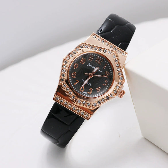 Women's Alloy Case Pu Strap Quartz Watch With Rhombus Dial And Spiral Crown In Leisure Style