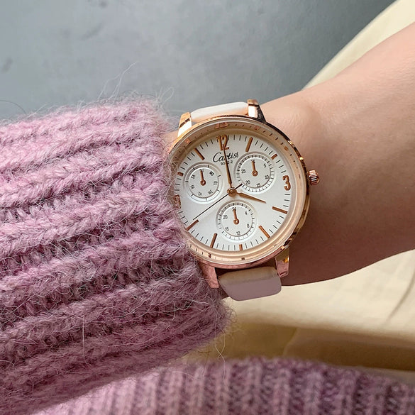 Women's Alloy Case Quartz Watch With Imitation Leather Strap And Stainless Steel Horseshoe Buckle Round Dial Sports Style