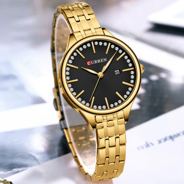 Women's Alloy Case Stainless Steel Band Round Dial Quartz Casual Rhinestone Watch