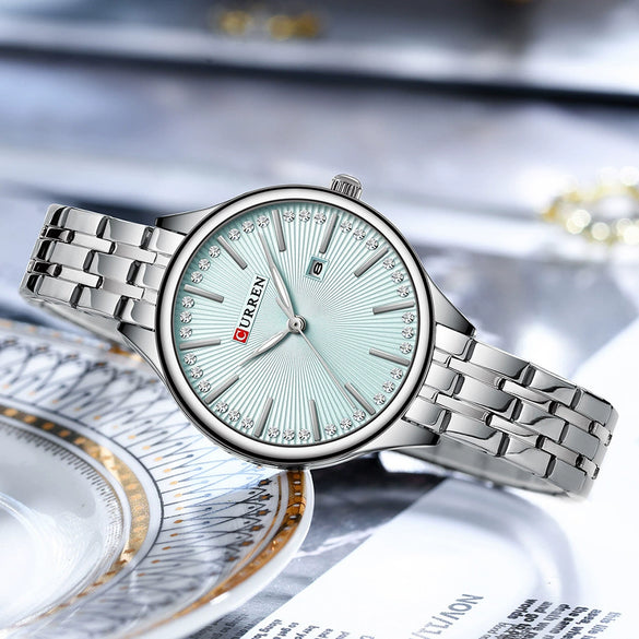 Women's Alloy Case Stainless Steel Band Round Dial Quartz Casual Rhinestone Watch