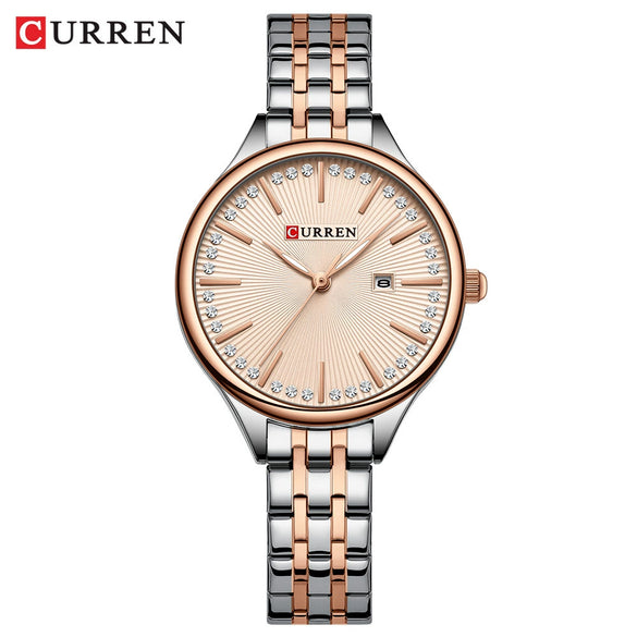 Women's Alloy Case Stainless Steel Band Round Dial Quartz Casual Rhinestone Watch