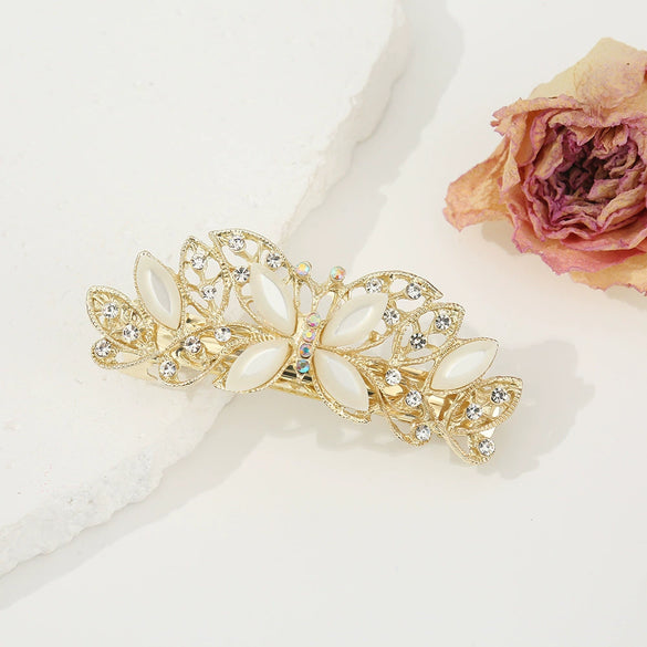 Women's Alloy Cat's Eye Flower Halftied Hair Spring Clip Set With Diamonds
