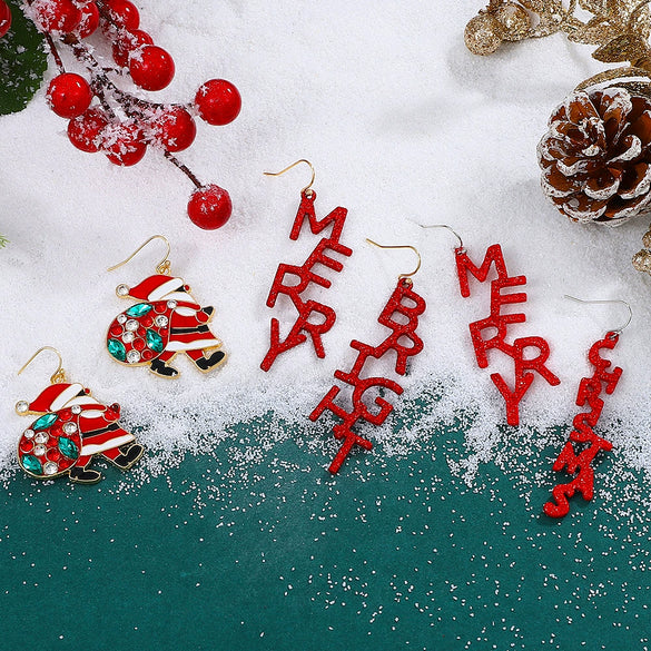 Women's Alloy Christmas Earrings With Electroplated Santa Claus Christmas Tree And Merry Christmas Letter Designs