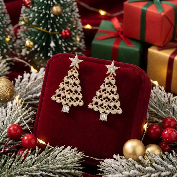 Women's Alloy Christmas Tree Drop Earrings With Colorful Diamond Accents And Electroplated Finish Stainless Steel Ear Needles