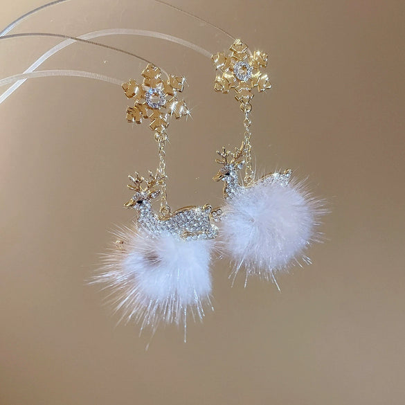 Women's Alloy Deer Snowflake Earrings With Diamond Accents And Hair Ball Details 925 Silver Ear Needles Light Luxury Animal Design