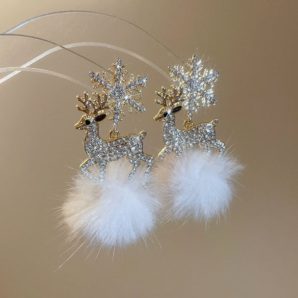 Women's Alloy Deer Snowflake Earrings With Diamond Accents And Hair Ball Details 925 Silver Ear Needles Light Luxury Animal Design