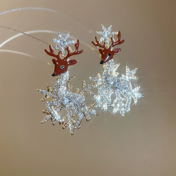 Women's Alloy Deer Snowflake Earrings With Diamond Accents And Hair Ball Details 925 Silver Ear Needles Light Luxury Animal Design