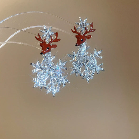 Women's Alloy Deer Snowflake Earrings With Diamond Accents And Hair Ball Details 925 Silver Ear Needles Light Luxury Animal Design