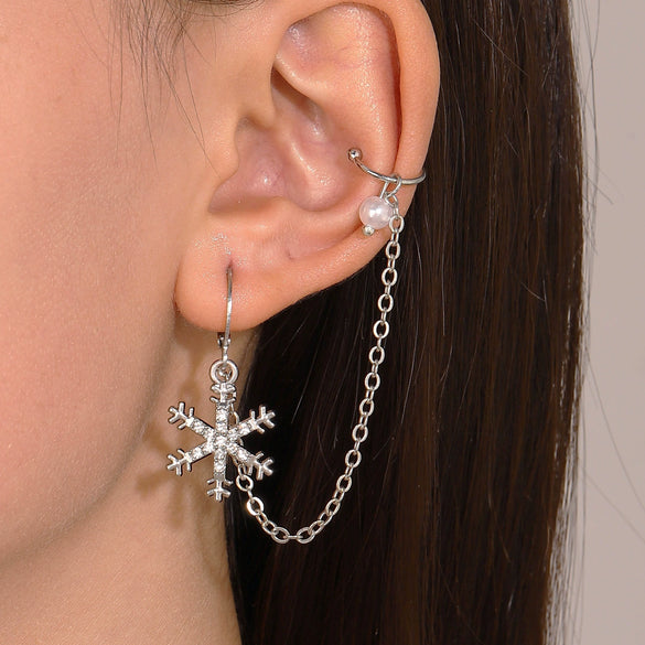 Women's Alloy Diamond Geometric Snowflake Ear Clip Long Chain Earrings Ins Style Light Luxury