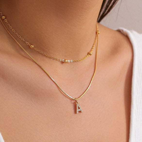 Women's Alloy Double Layer Snake Bone Necklace With Diamond And English Letter Pendant