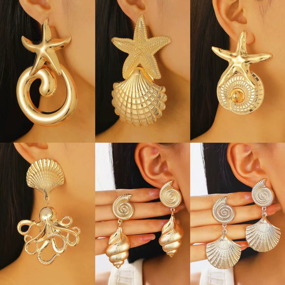 Women's Alloy Earrings With Marine Elements Starfish And Conch Animal Zodiac Style Electroplated