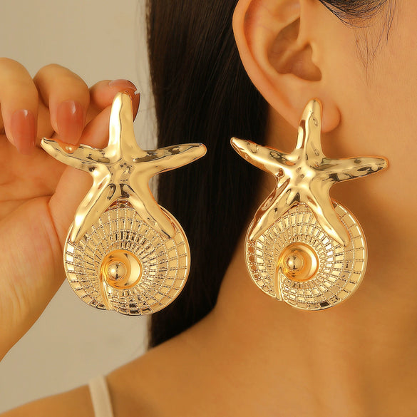 Women's Alloy Earrings With Marine Elements Starfish And Conch Animal Zodiac Style Electroplated