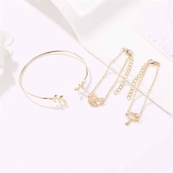 Women's Alloy Electroplated Hollow Cat Coconut Tree And Leaf Charm Bracelet Set Fashion Three Piece Bracelet